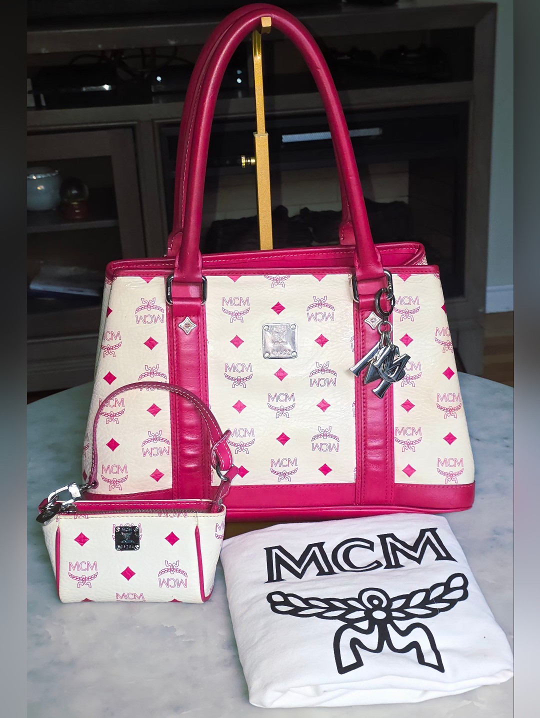 Mcm Beige & Pink Visetos Tote W/ Matching Wristlet & Mcm Charm & Silver Hardware